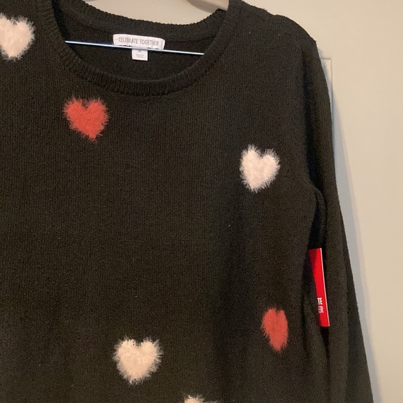 Celebrate Together Sweater Womens Med Black With Fuzzy Hearts Knit Hole - Picture 4 of 10